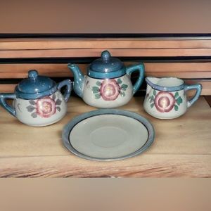 Lusterware Miniature teapot, creamer, sugar made Japan with TA stamped saucer